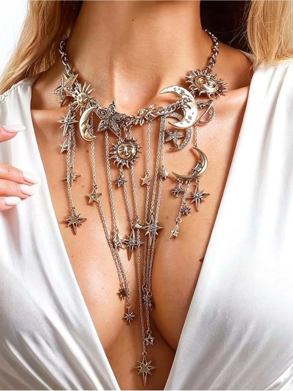 Celestial Sun & Moon Statement Necklace - Gold and Silver